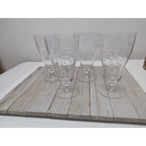 Set Of 4 Vintage Flower Etched Large Crystal Iced Tea Glass 6 1/4” Clear *